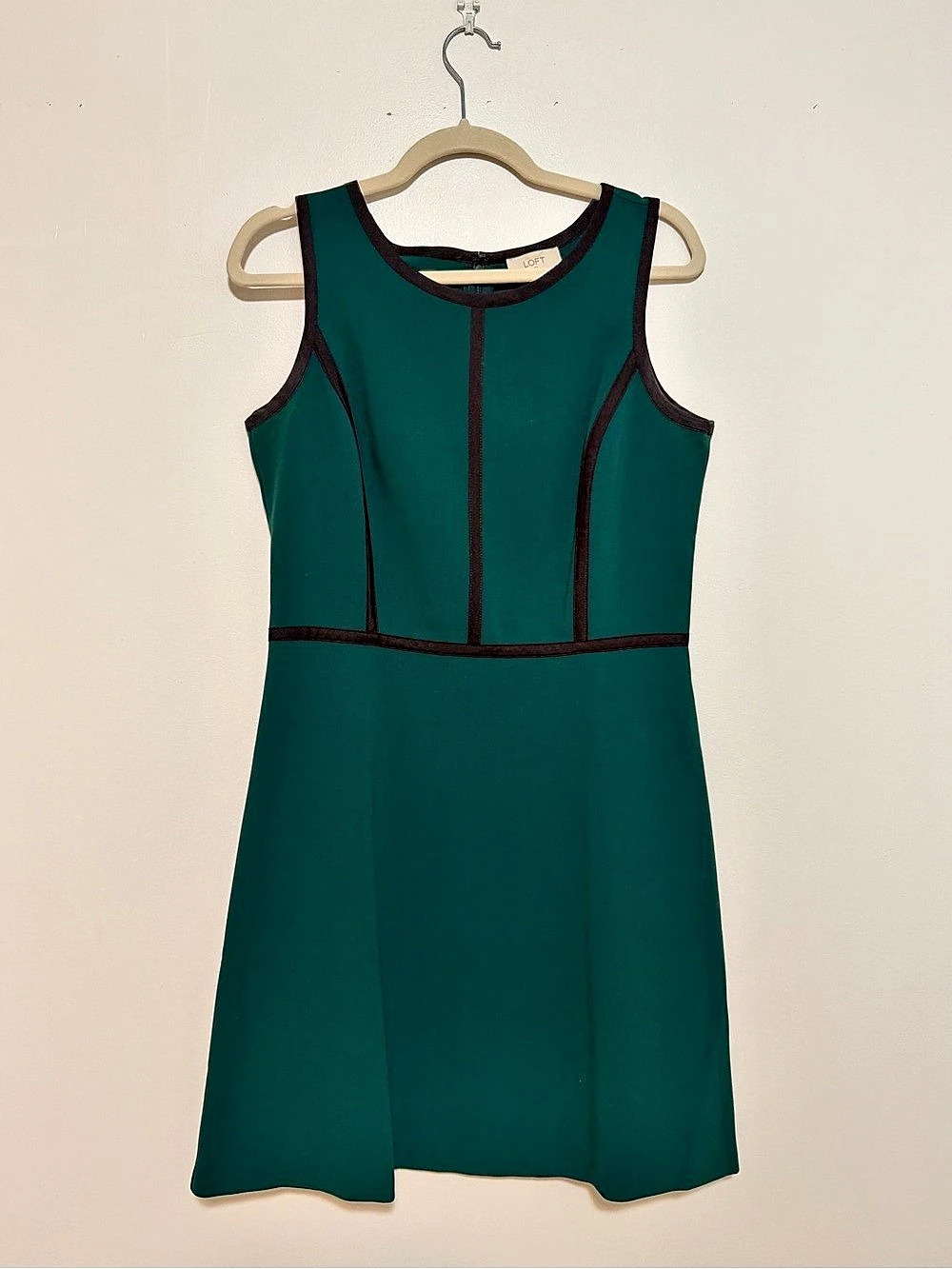 Ann Taylor LOFT Emerald Green Black Piped A-Line Dress